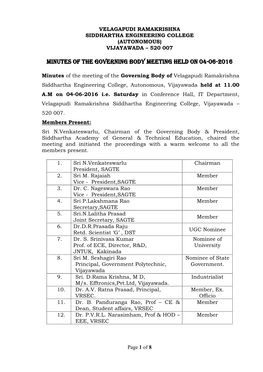 Minutes of the Meeting of the Governing Body of Velagapudi Ramakrishna Siddhartha Engineering College, Autonomous, Vijayawada Held at 11.00 A.M on 04-06-2016 I.E