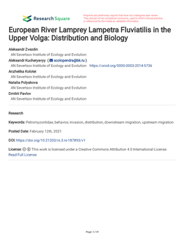 European River Lamprey Lampetra Fluviatilis in the Upper Volga: Distribution and Biology