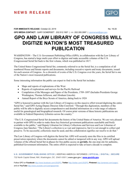 Gpo and Law Library of Congress Will Digitize Nation’S Most Treasured Publication