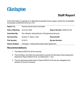 Clarington / Oshawa Boundary Road Agreement Recommendations