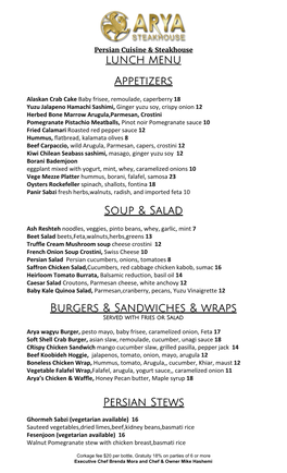 Appetizers Soup & Salad Burgers & Sandwiches & Wraps Persian Stews