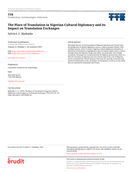 The Place of Translation in Nigerian Cultural Diplomacy and Its Impact on Translation Exchanges Sylvia I