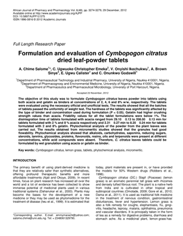 Formulation and Evaluation of Cymbopogon Citratus Dried Leaf-Powder Tablets