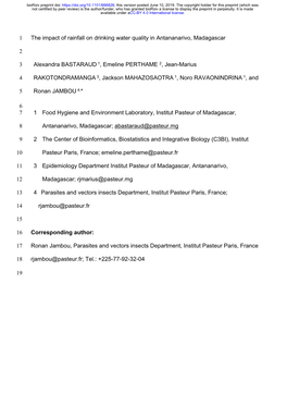 The Impact of Rainfall on Drinking Water Quality in Antananarivo, Madagascar