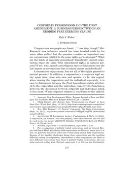 Corporate Personhood and the First Amendment: a Business Perspective on an Eroding Free Exercise Clause