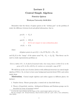 Lecture 2 Central Simple Algebras Patricio Quiroz