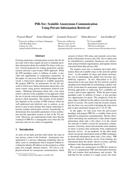 PIR-Tor: Scalable Anonymous Communication Using Private Information Retrieval ∗