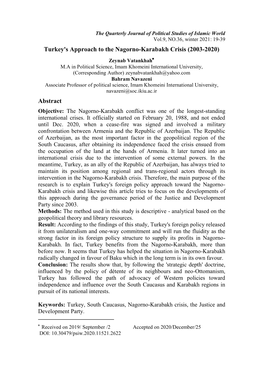 Turkey's Approach to the Nagorno-Karabakh Crisis (2003-2020)