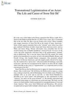 Transnational Legitimization of an Actor: the Life and Career of Soon-Tek Oh1