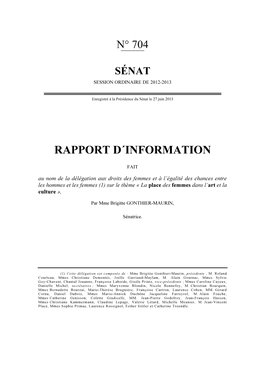 Rapport Du Sénat Sur La Place Des Femmes Dans L'art Et La Culture