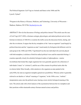 The Political Organism: Carl Vogt on Animals and States in the 1840S and 50S Lynn K. Nyhart* *Program in the History of Science