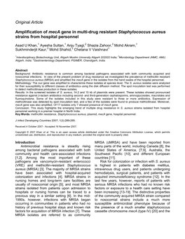 Original Article Amplification of Meca Gene in Multi-Drug Resistant