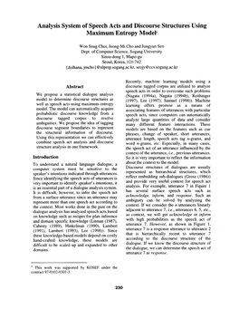 Analysis System of Speech Acts and Discourse Structures Using Maximum Entropy Model*