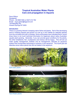 Tropical Australian Water Plants Care and Propagation in Aquaria