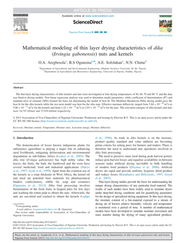 Mathematical Modeling of Thin Layer Drying Characteristics of Dika (Irvingia Gabonensis) Nuts and Kernels