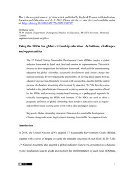 Using the Sdgs for Global Citizenship Education: Definitions, Challenges, and Opportunities