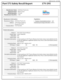 Part 573 Safety Recall Report 17V-295