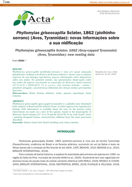 Phyllomyias Griseocapilla Sclater, 1862 (Piolhinho- Serrano) (Aves, Tyrannidae): Novas Informações Sobre a Sua Nidificação