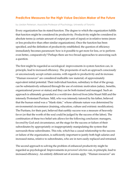 Predictive Measures for the High Value Decision Maker of the Future by Jordan Peterson, Associate Professor of Psychology, University of Toronto