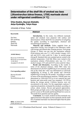 Determination of the Shelf Life of Smoked Sea Bass (Dicentrarchus Labrax Linaeus, 1758) Marinade Stored Under Refrigerated Conditions (4 °С)