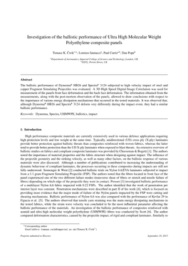 Investigation of the Ballistic Performance of Ultra High Molecular Weight Polyethylene Composite Panels