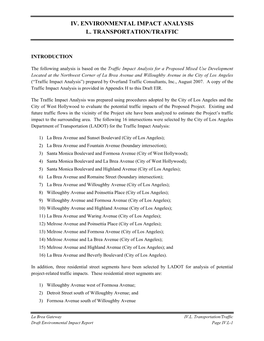 Iv. Environmental Impact Analysis L. Transportation/Traffic