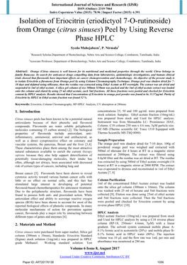 Isolation of Eriocitrin (Eriodictyol 7‐O-Rutinoside) from Orange (Citrus Sinuses) Peel by Using Reverse Phase HPLC