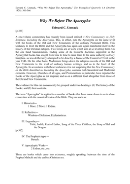 Why We Reject the Apocrypha,” the Evangelical Quarterly 1.4 (October 1929): 361-366