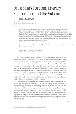 Mussolini's Fascism, Literary Censorship, and the Vatican Guido Bonsaver Oxford University Guido.Bonsaver@Pembroke.Oxford.Ac.Uk