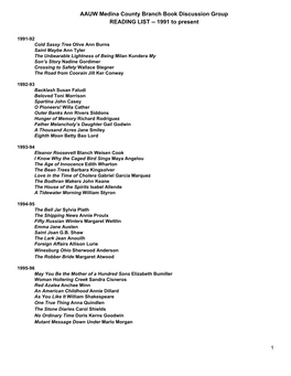 AAUW Medina County Branch Book Discussion Group READING LIST -- 1991 to Present