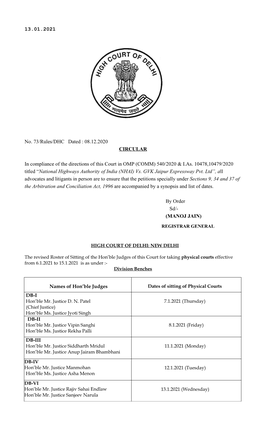 13.01.2021 No. 73/Rules/DHC Dated : 08.12.2020 CIRCULAR in Compliance of the Directions of This Court In