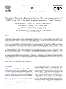 Arterial Acid–Base Status During Digestion and Following Vascular Infusion of Nahco3 and Hcl in the South American Rattlesnake, Crotalus Durissus