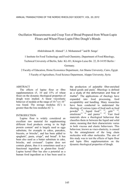 Oscillation Measurements and Creep Test of Bread Prepared from Wheat-Lupin Flours and Wheat Flour-Lupin Fibre Dough’S Blends