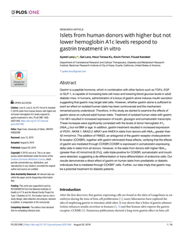 Islets from Human Donors with Higher but Not Lower Hemoglobin A1c Levels Respond to Gastrin Treatment in Vitro