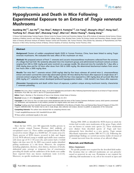 Hypoglycemia and Death in Mice Following Experimental Exposure to an Extract of Trogia Venenata Mushrooms