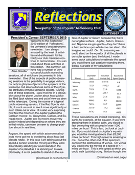 SEPTEMBER 2019 President’S Corner SEPTEMBER 2019 Face of Jupiter Or Saturn Because They Have Welcome to the September No Tangible Surface