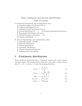 Some Continuous and Discrete Distributions Table of Contents I