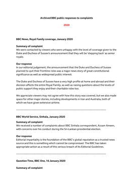 Archived BBC Public Responses to Complaints 2020 BBC News, Royal