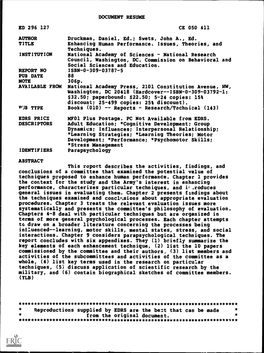 Enhancing Human Performance. Issues, Theories, and Techniques. INSTITUTION National Academy of Sciences - National Research Council, Washington, DC