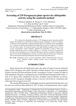 Screening of 239 Paraguayan Plant Species for Allelopathic Activity Using the Sandwich Method