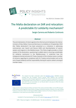 The Malta Declaration on SAR and Relocation: a Predictable EU Solidarity Mechanism? Sergio Carrera and Roberto Cortinovis