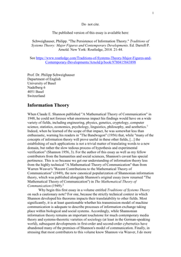 Information Theory." Traditions of Systems Theory: Major Figures and Contemporary Developments