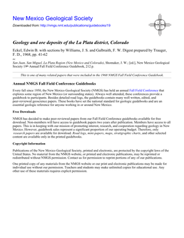 Geology and Ore Deposits of the La Plata District, Colorado Eckel, Edwin B