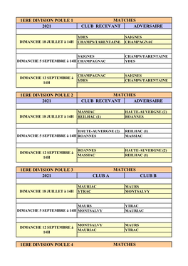 1Ere Division Poule 1 2021 Club Recevant Adversaire 1Ere Division Poule 2 2021 Club Recevant Adversaire 1Ere Division Poule 3