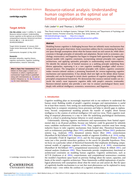 Resource-Rational Analysis: Understanding Human Cognition As the Optimal Use of Cambridge.Org/Bbs Limited Computational Resources