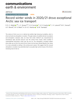 Record Winter Winds in 2020/21 Drove Exceptional Arctic Sea Ice Transport ✉ R