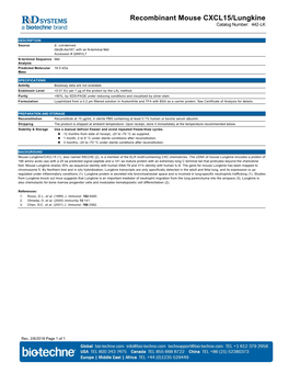 Recombinant Mouse CXCL15/Lungkine Catalog Number: 442-LK