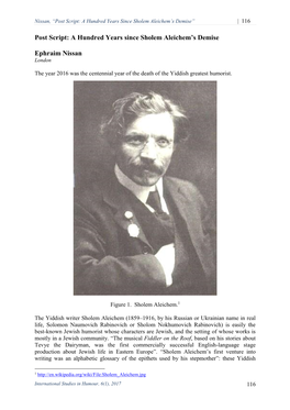 A Hundred Years Since Sholem Aleichem's Demise Ephraim Nissan