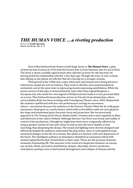 THE HUMAN VOICE …A Riveting Production Review by Frank Spezzano Ontario Arts Review, Mar