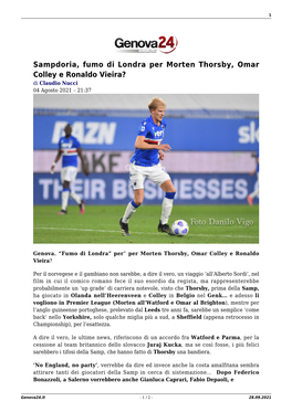 Sampdoria, Fumo Di Londra Per Morten Thorsby, Omar Colley E Ronaldo Vieira? Di Claudio Nucci 04 Agosto 2021 – 21:37